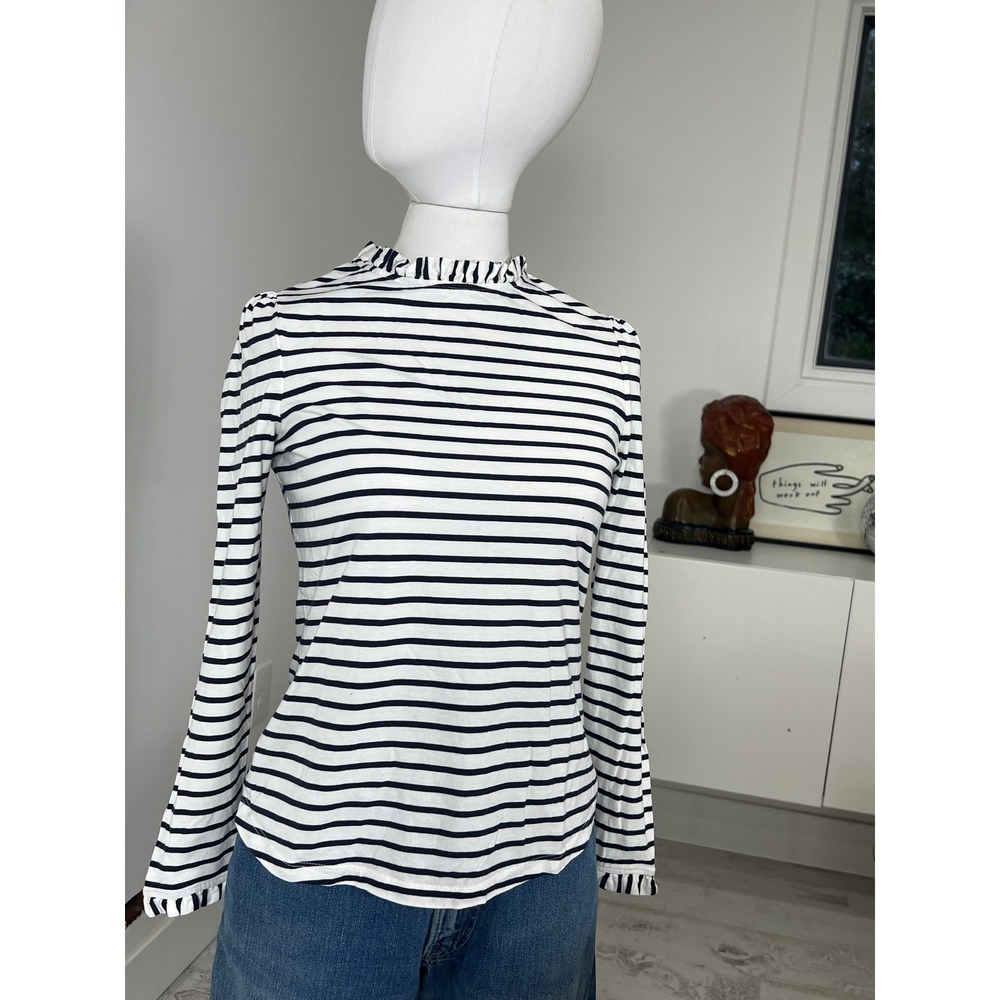 BODEN  Navy Striped Long Sleeve Tee Ruffled Collar and Cuffs 100% Cotton